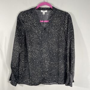 H by Halston Top Women Size XS Black Scattered Dots V-Neck Long Sleeves Blouse